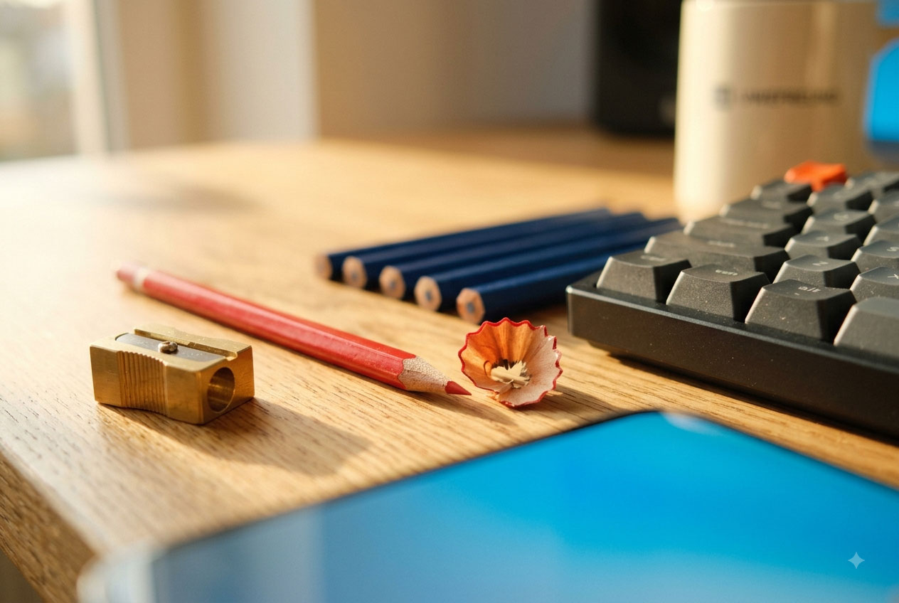 Frisch gespitzter roter Stift neben stumpfen blauen Stiften als Symbol für den kritischen Modus: bessere KI-Ergebnisse durch ehrliche Kritik – aus dem KI-Wissensbereich von Kommunikationstrainer Uwe Freund